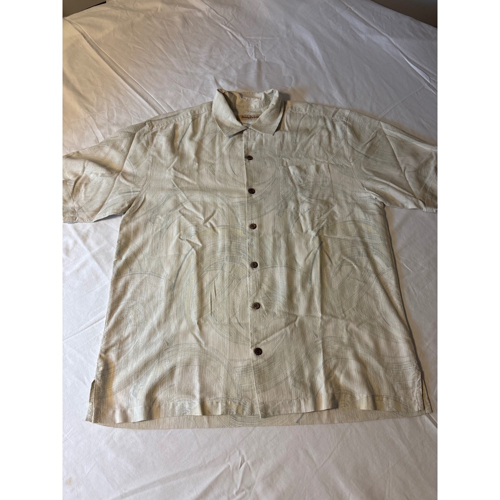 Tommy Bahama 100%Silk Button Down Shirt Mens L Beige Abstract Swirl